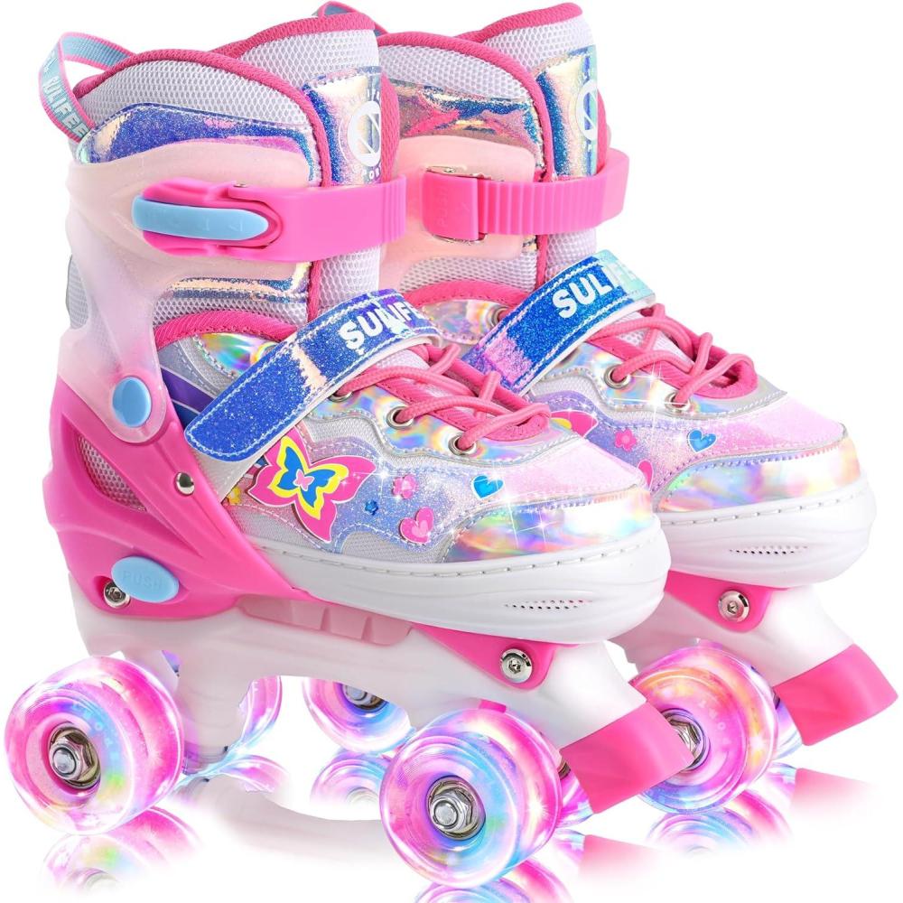 SULIFEEL Roller Skates for Girls Boys Kids with Light Up Wheels, Adjustable 4 Sizes for Little Kids Toddler Beginner Rollerskates(Pink-Toddler)