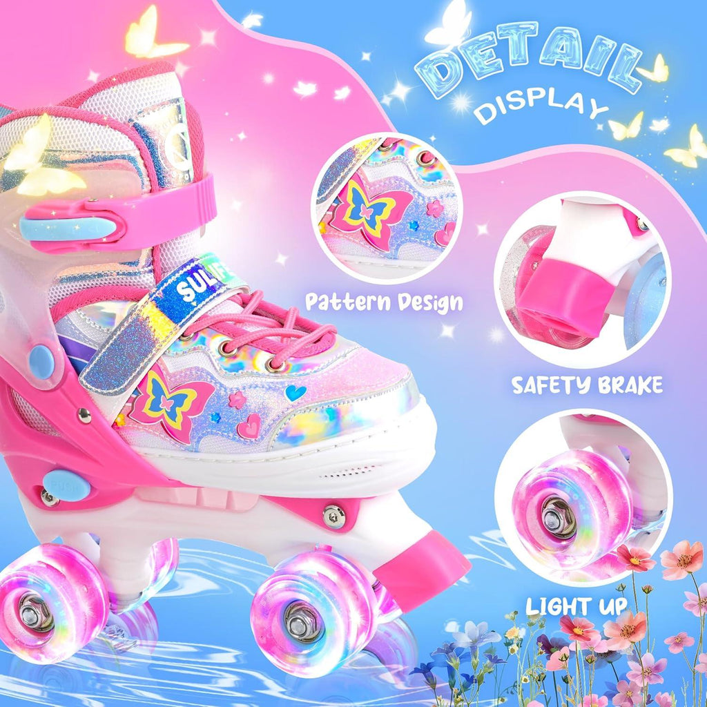 SULIFEEL Roller Skates for Girls Boys Kids with Light Up Wheels, Adjustable 4 Sizes for Little Kids Toddler Beginner Rollerskates(Pink-Toddler)