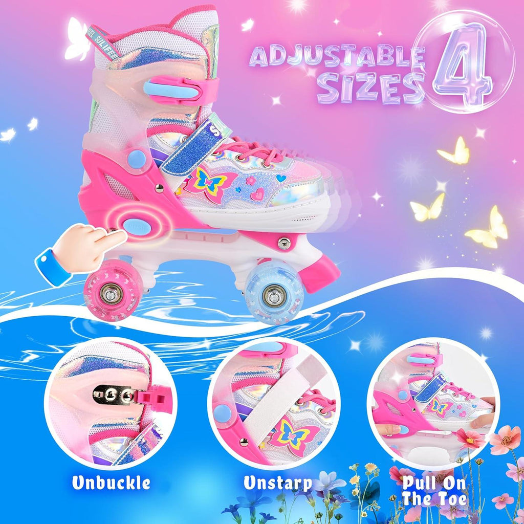 SULIFEEL Roller Skates for Girls Boys Kids with Light Up Wheels, Adjustable 4 Sizes for Little Kids Toddler Beginner Rollerskates(Pink-Toddler)