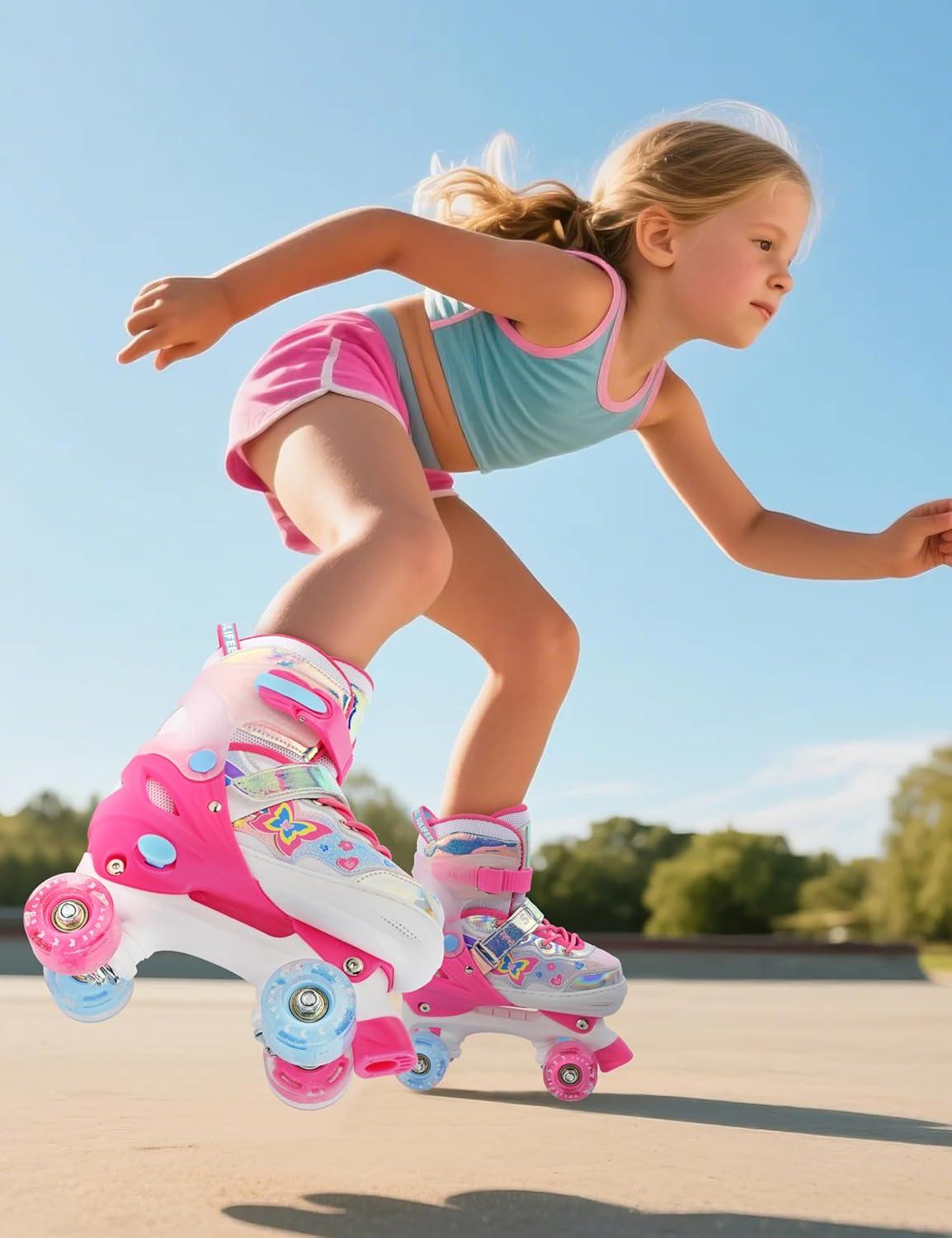 SULIFEEL Roller Skates for Girls Boys Kids with Light Up Wheels, Adjustable 4 Sizes for Little Kids Toddler Beginner Rollerskates(Pink-Toddler)