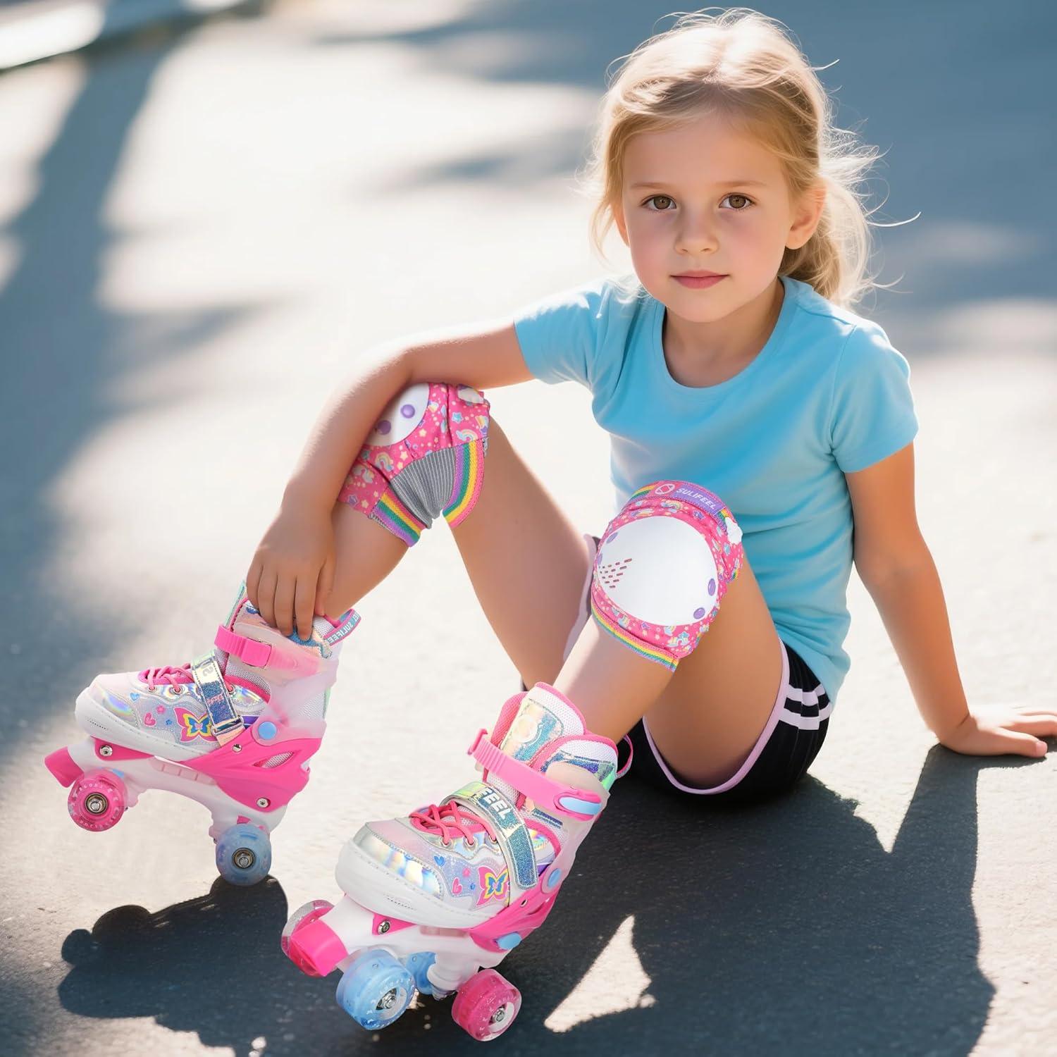 SULIFEEL Roller Skates for Girls Boys Kids with Light Up Wheels, Adjustable 4 Sizes for Little Kids Toddler Beginner Rollerskates(Pink-Toddler)