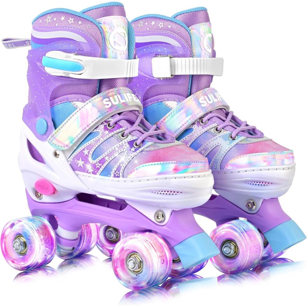 SULIFEEL Rainbow Tie-Dye Adjustable Roller Skates for Girls Kids Ages 3-5 5-8 6-12 Pink Purple Light Up Skate with Fluffy Pom Poms Triple Protection for Indoor Outdoor Skating(Stellar Purple)