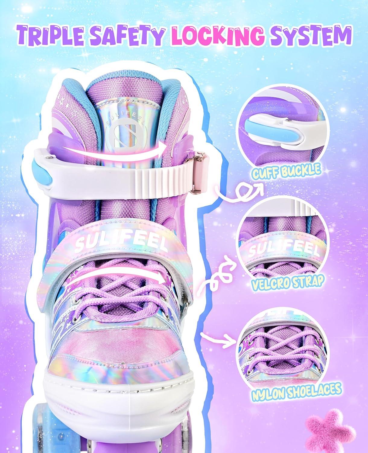 SULIFEEL Rainbow Tie-Dye Adjustable Roller Skates for Girls Kids Ages 3-5 5-8 6-12 Pink Purple Light Up Skate with Fluffy Pom Poms Triple Protection for Indoor Outdoor Skating(Stellar Purple)