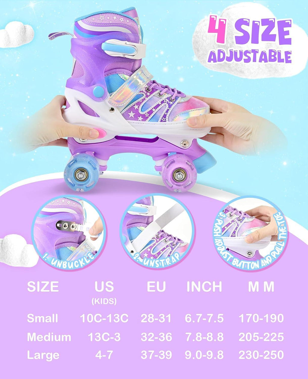 SULIFEEL Rainbow Tie-Dye Adjustable Roller Skates for Girls Kids Ages 3-5 5-8 6-12 Pink Purple Light Up Skate with Fluffy Pom Poms Triple Protection for Indoor Outdoor Skating(Stellar Purple)