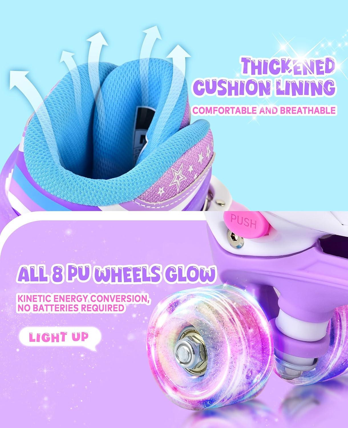 SULIFEEL Rainbow Tie-Dye Adjustable Roller Skates for Girls Kids Ages 3-5 5-8 6-12 Pink Purple Light Up Skate with Fluffy Pom Poms Triple Protection for Indoor Outdoor Skating(Stellar Purple)