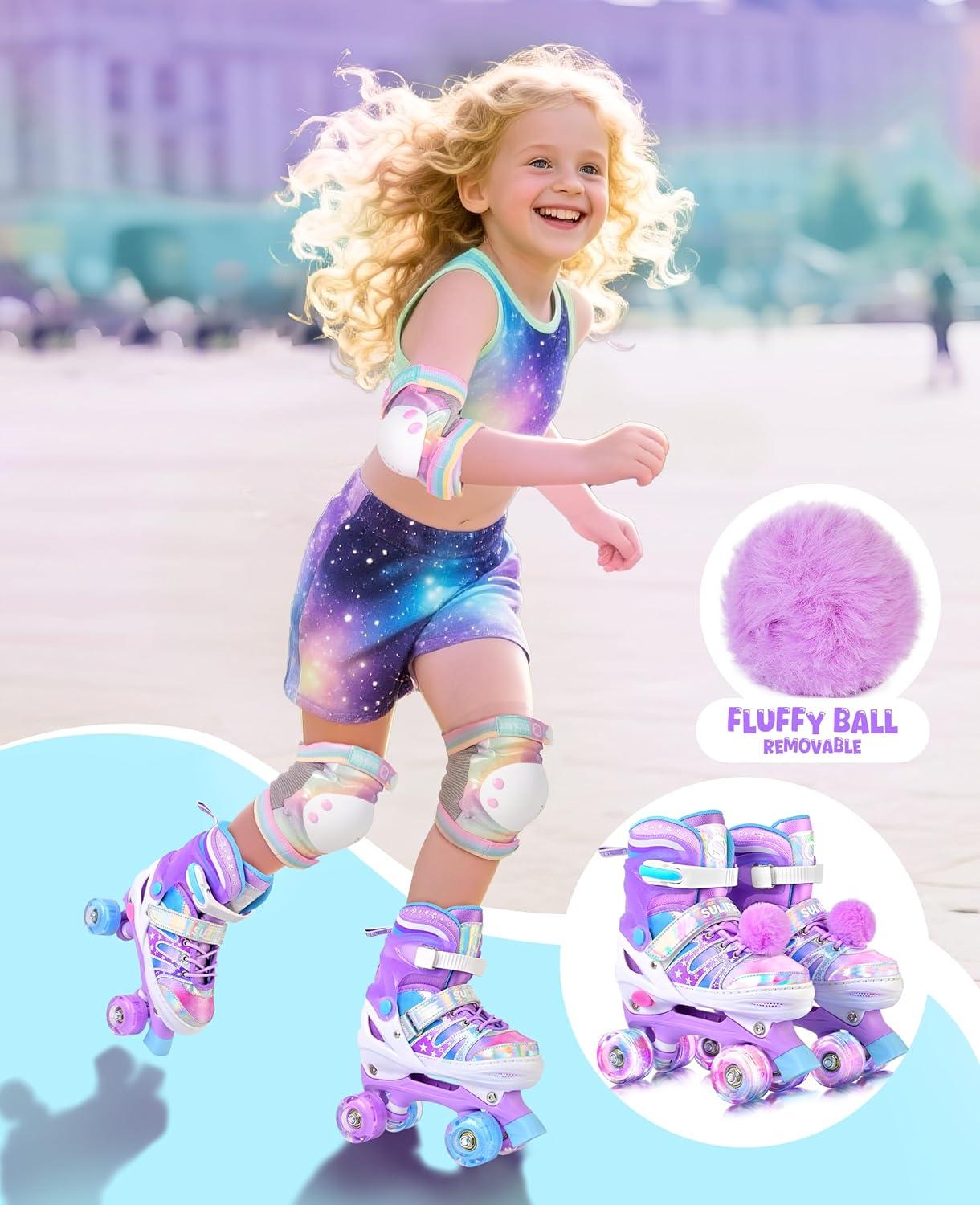 SULIFEEL Rainbow Tie-Dye Adjustable Roller Skates for Girls Kids Ages 3-5 5-8 6-12 Pink Purple Light Up Skate with Fluffy Pom Poms Triple Protection for Indoor Outdoor Skating(Stellar Purple)