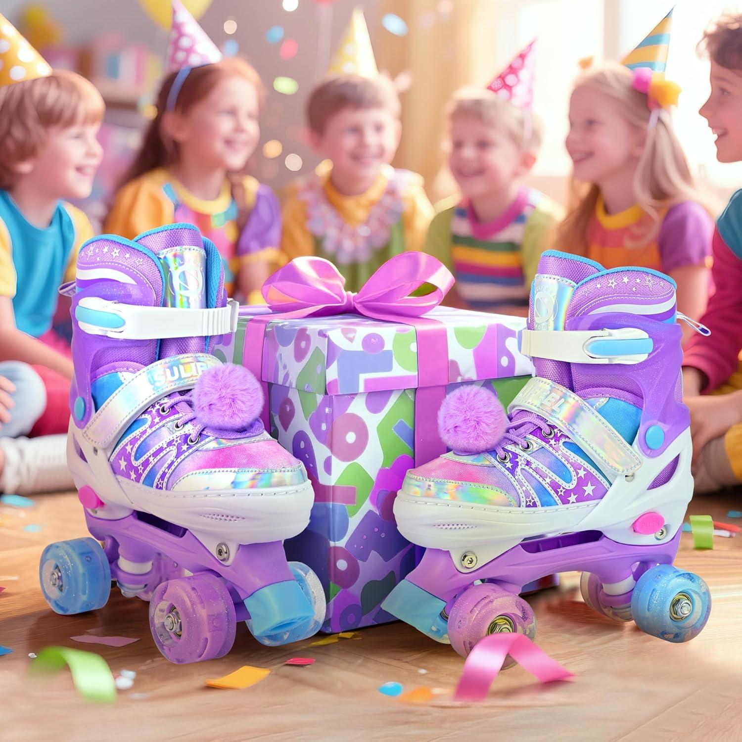 SULIFEEL Rainbow Tie-Dye Adjustable Roller Skates for Girls Kids Ages 3-5 5-8 6-12 Pink Purple Light Up Skate with Fluffy Pom Poms Triple Protection for Indoor Outdoor Skating(Stellar Purple)