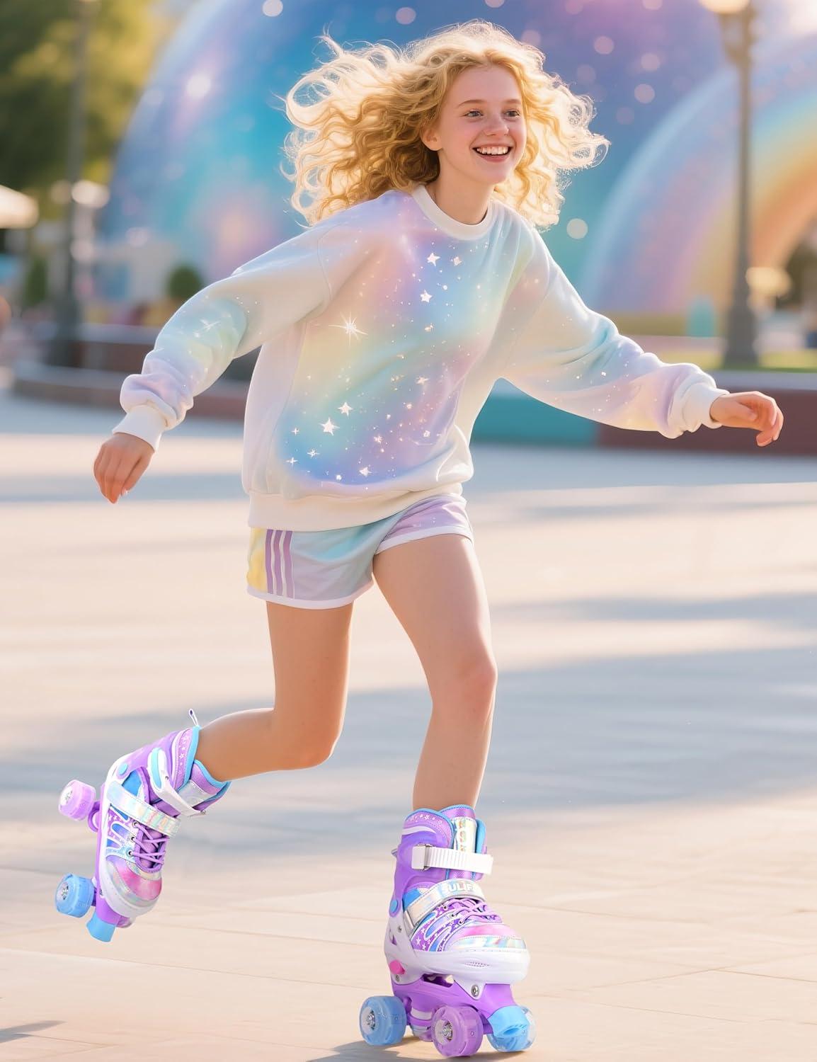 SULIFEEL Rainbow Tie-Dye Adjustable Roller Skates for Girls Kids Ages 3-5 5-8 6-12 Pink Purple Light Up Skate with Fluffy Pom Poms Triple Protection for Indoor Outdoor Skating(Stellar Purple)