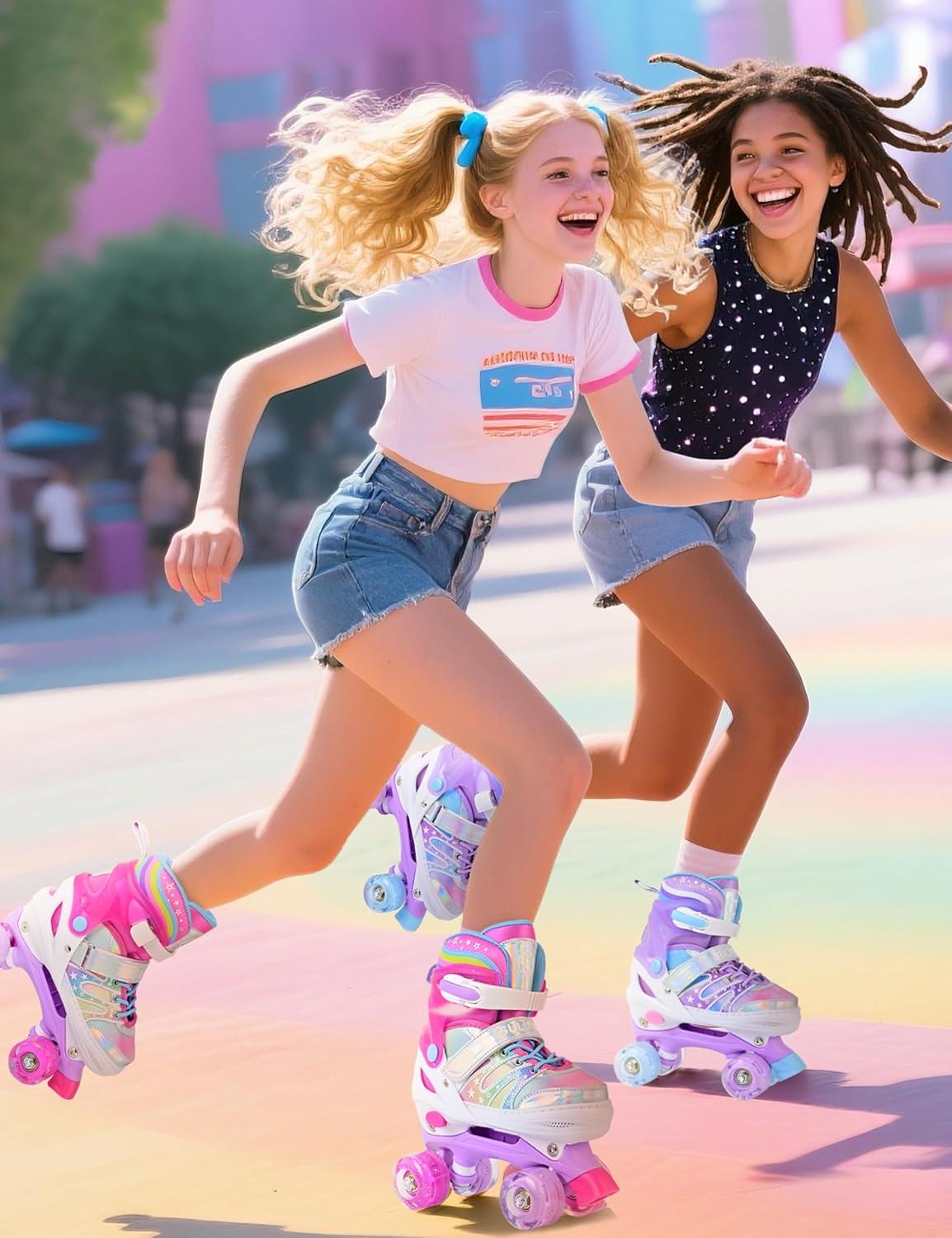 SULIFEEL Rainbow Tie-Dye Adjustable Roller Skates for Girls Kids Ages 3-5 5-8 6-12 Pink Purple Light Up Skate with Fluffy Pom Poms Triple Protection for Indoor Outdoor Skating(Stellar Purple)