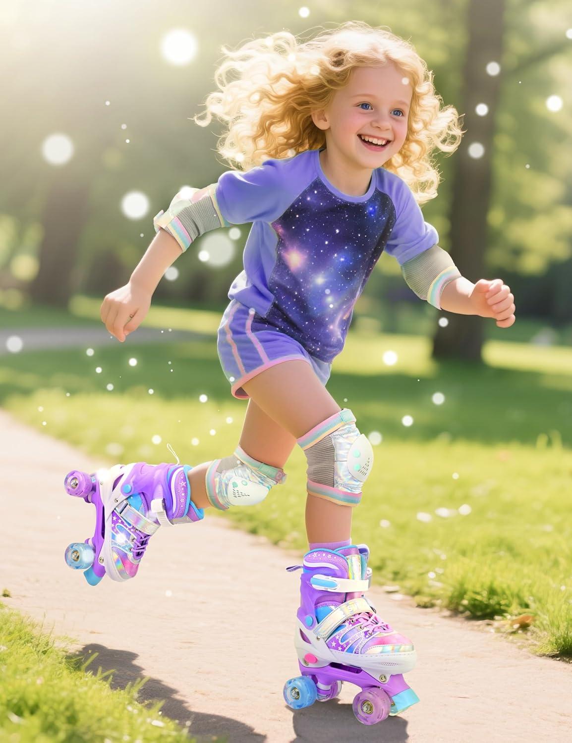 SULIFEEL Rainbow Tie-Dye Adjustable Roller Skates for Girls Kids Ages 3-5 5-8 6-12 Pink Purple Light Up Skate with Fluffy Pom Poms Triple Protection for Indoor Outdoor Skating(Stellar Purple)
