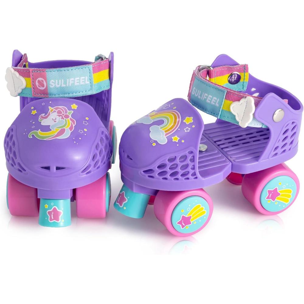SULIFEEL Kids Adjustable Quad Roller Skates,Toddler Beginner Roller Skates for Girls and Boys Age 2-5 Years Old(Unicorn Purple)