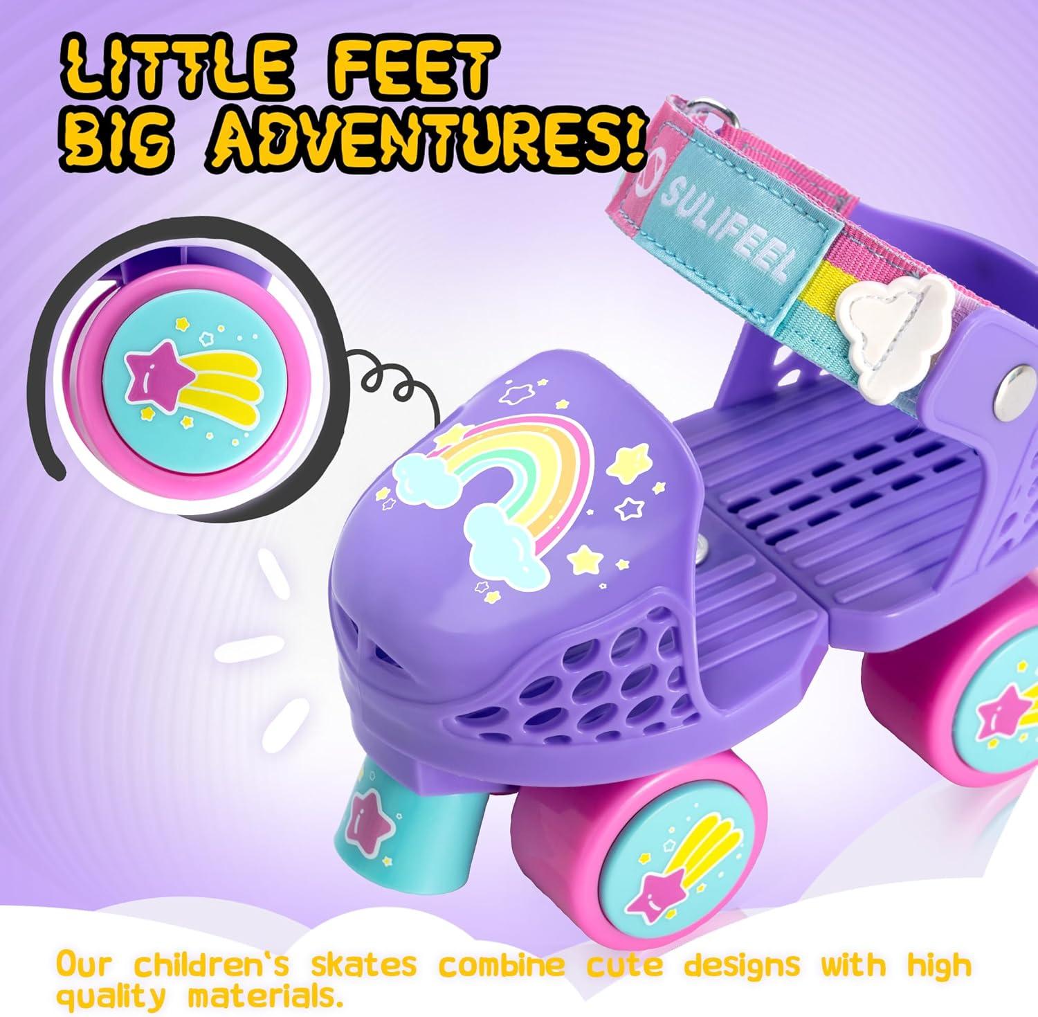SULIFEEL Kids Adjustable Quad Roller Skates,Toddler Beginner Roller Skates for Girls and Boys Age 2-5 Years Old(Unicorn Purple)