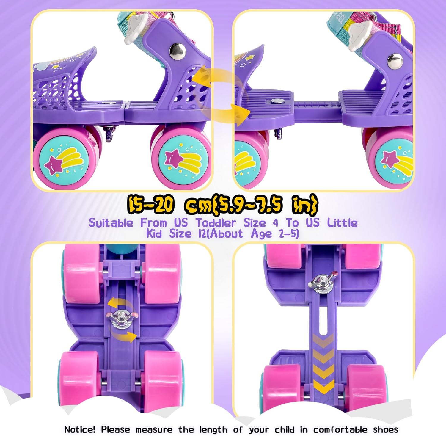 SULIFEEL Kids Adjustable Quad Roller Skates,Toddler Beginner Roller Skates for Girls and Boys Age 2-5 Years Old(Unicorn Purple)