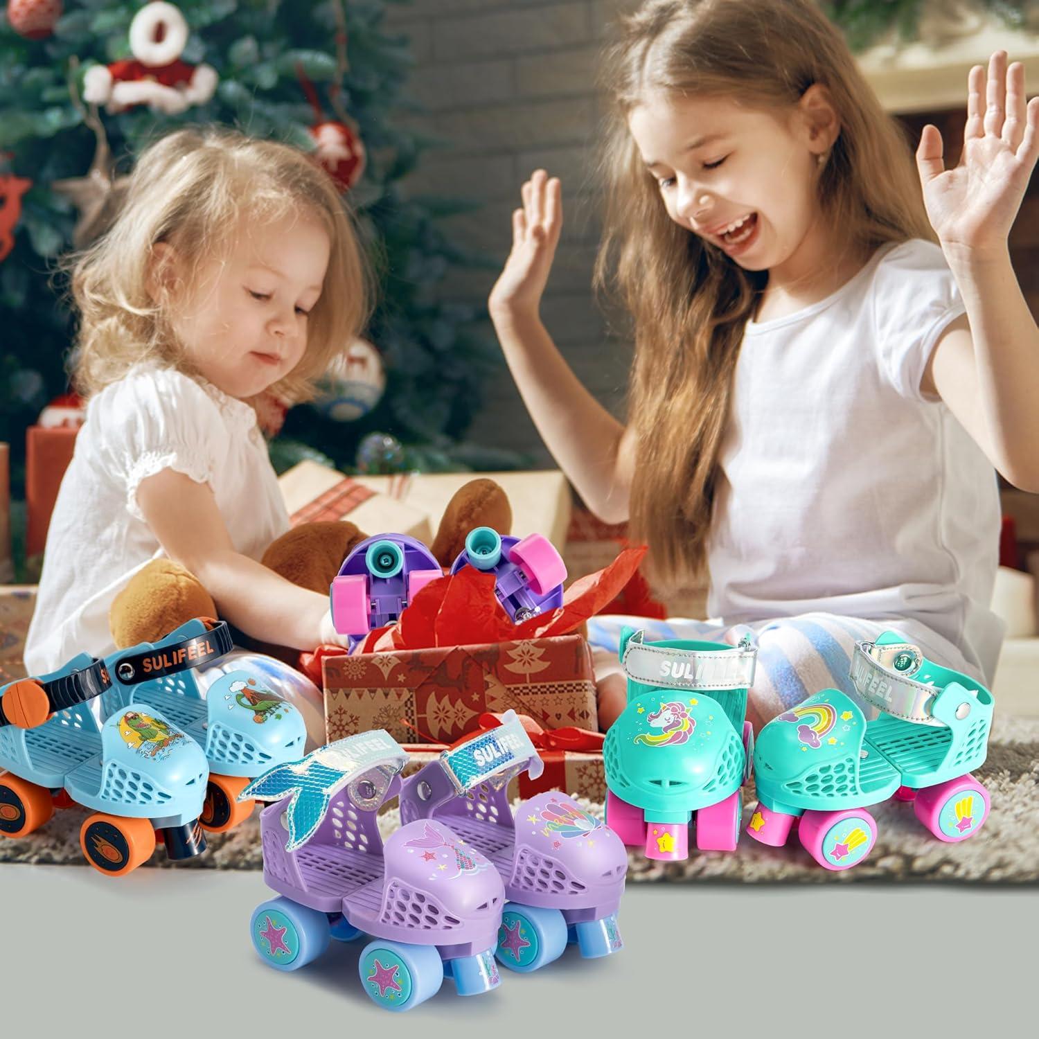 SULIFEEL Kids Adjustable Quad Roller Skates,Toddler Beginner Roller Skates for Girls and Boys Age 2-5 Years Old(Unicorn Purple)