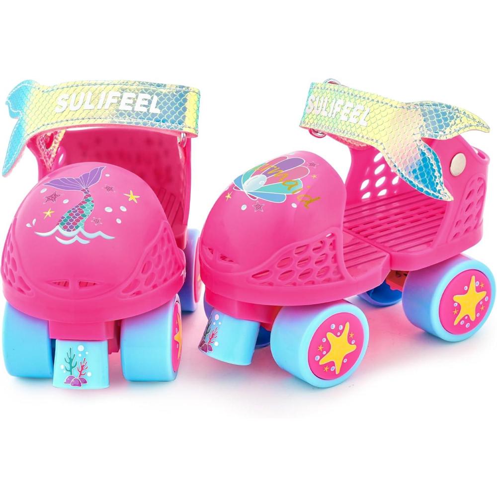 SULIFEEL Kids Adjustable Quad Roller Skates,Toddler Beginner Roller Skates for Girls and Boys Age 2-5 Years Old(Mermaid Pink)