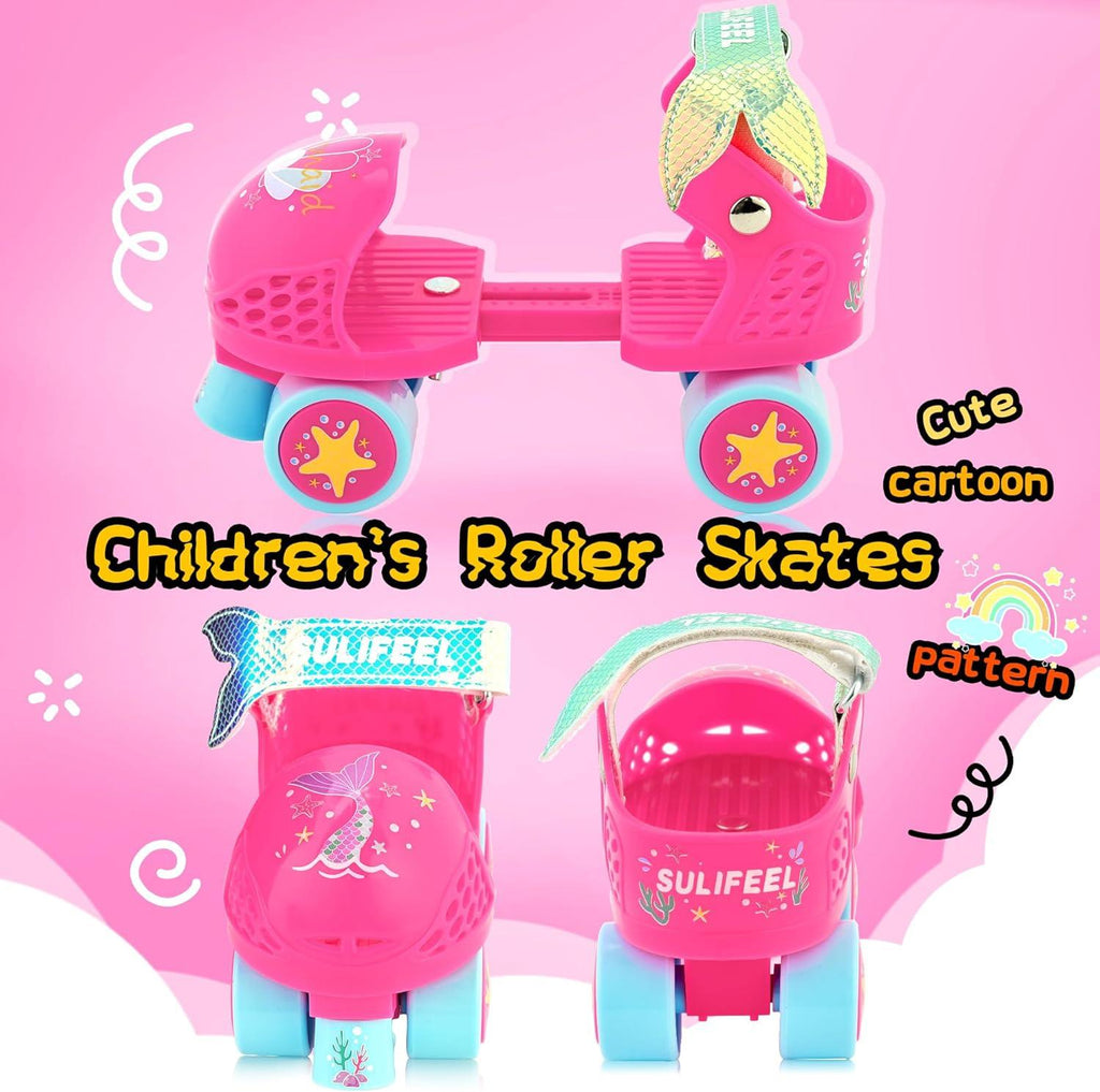 SULIFEEL Kids Adjustable Quad Roller Skates,Toddler Beginner Roller Skates for Girls and Boys Age 2-5 Years Old(Mermaid Pink)