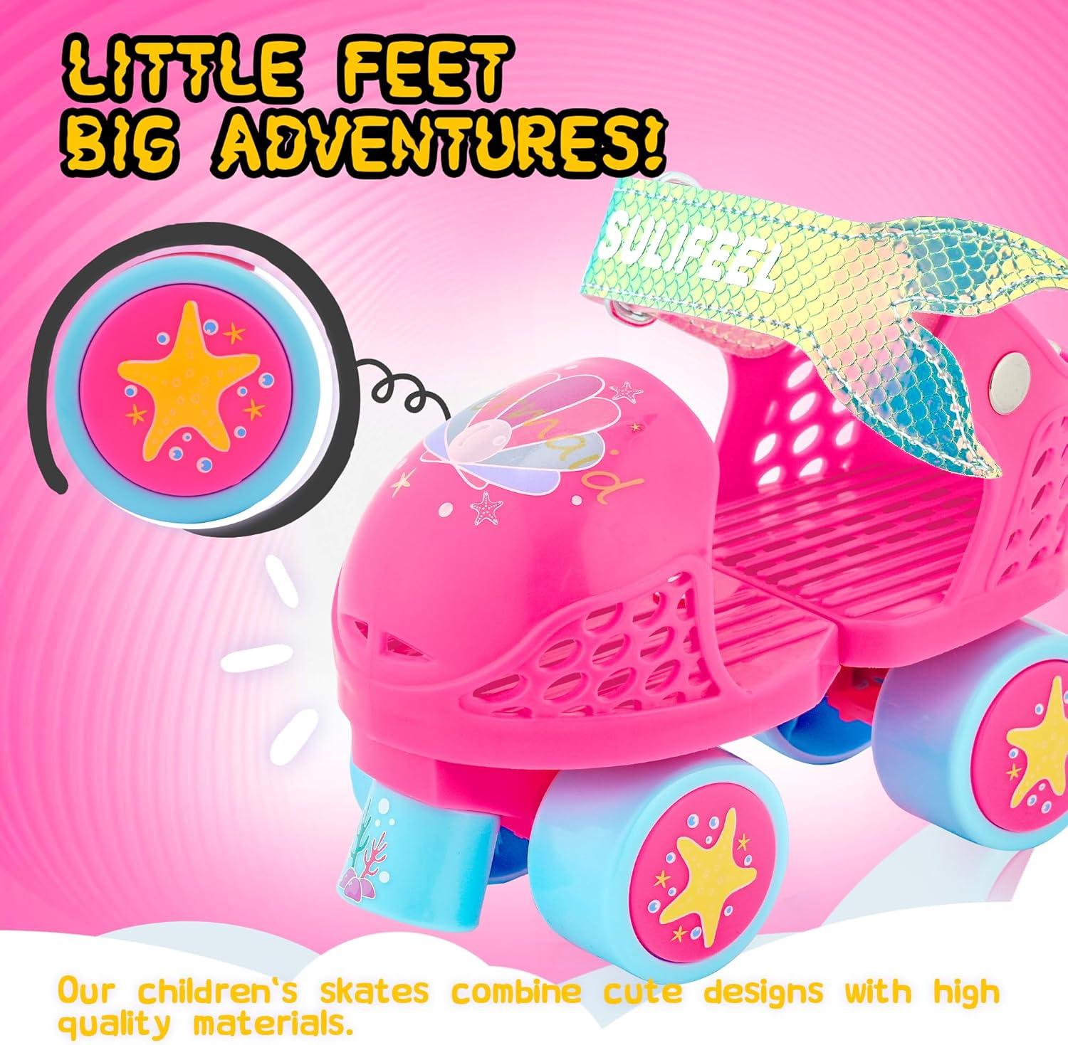 SULIFEEL Kids Adjustable Quad Roller Skates,Toddler Beginner Roller Skates for Girls and Boys Age 2-5 Years Old(Mermaid Pink)