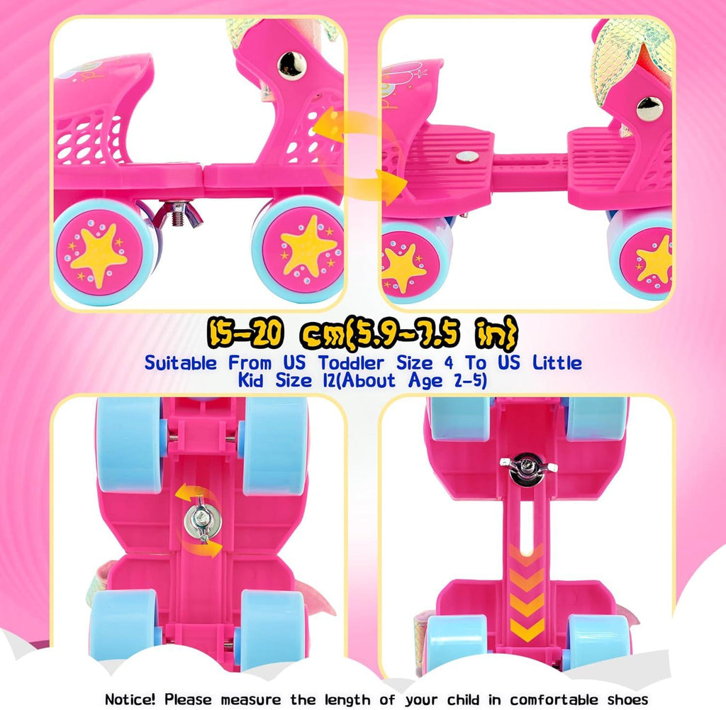 SULIFEEL Kids Adjustable Quad Roller Skates,Toddler Beginner Roller Skates for Girls and Boys Age 2-5 Years Old(Mermaid Pink)