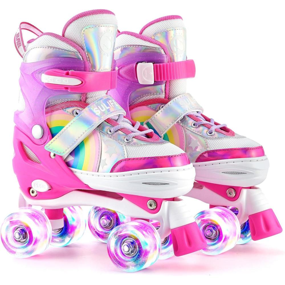 SULIFEEL Rainbow Unicorn 4 Size Adjustable Light up Roller Skates for Girls Boys for Kids