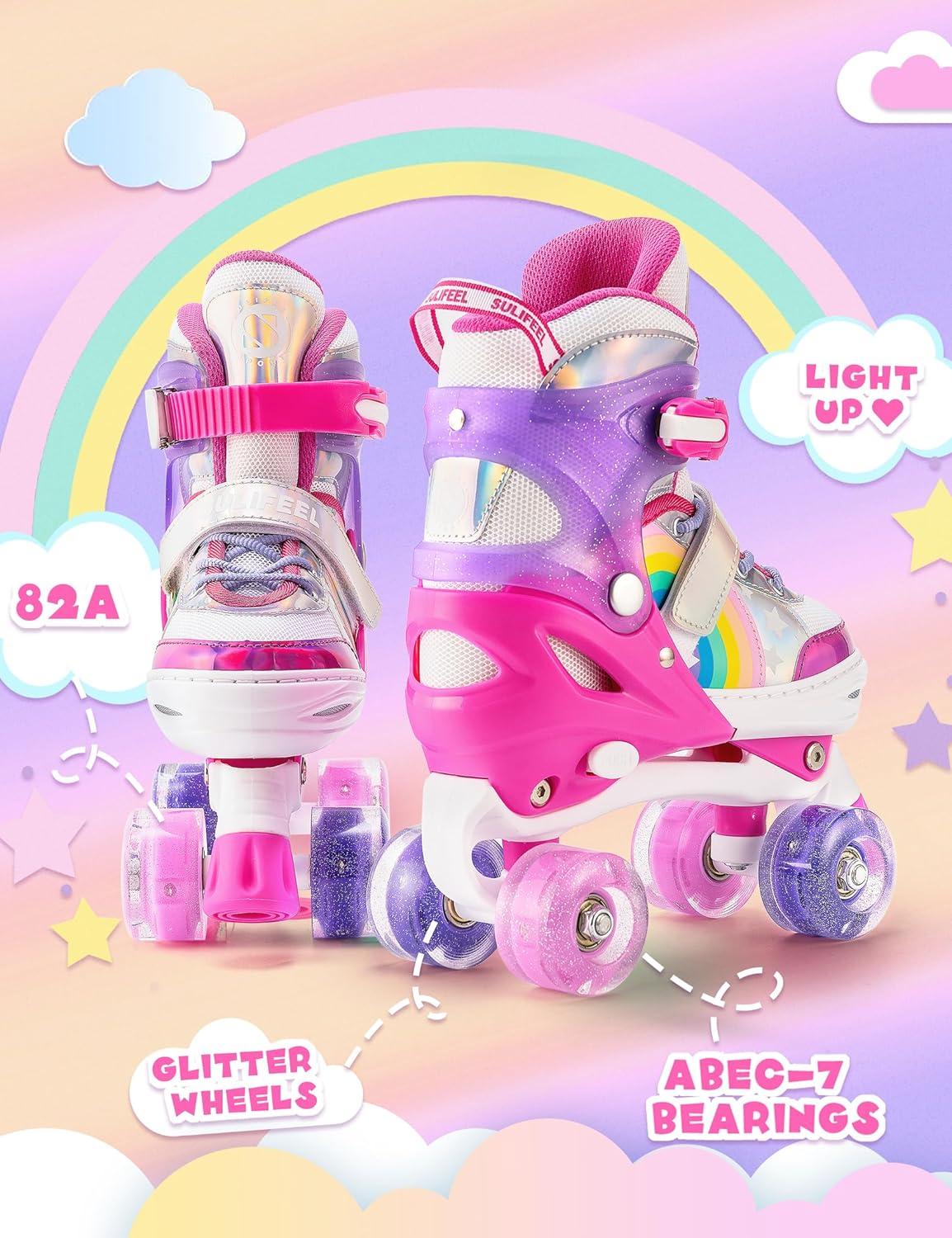 SULIFEEL Rainbow Unicorn 4 Size Adjustable Light up Roller Skates for Girls Boys for Kids