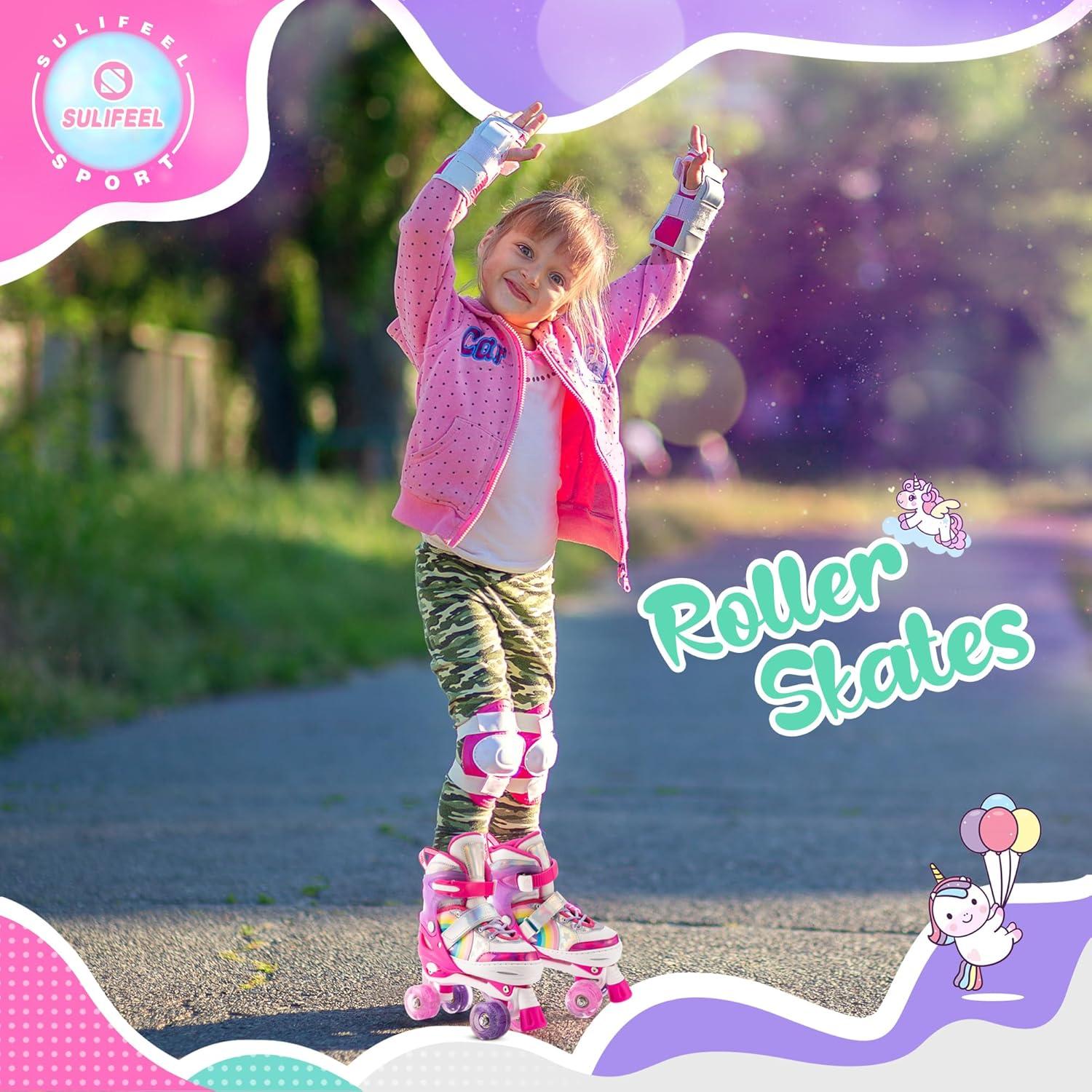 SULIFEEL Rainbow Unicorn 4 Size Adjustable Light up Roller Skates for Girls Boys for Kids