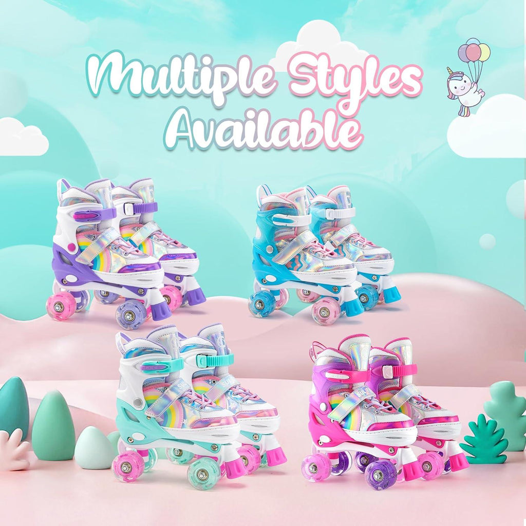 SULIFEEL Rainbow Unicorn 4 Size Adjustable Light up Roller Skates for Girls Boys for Kids
