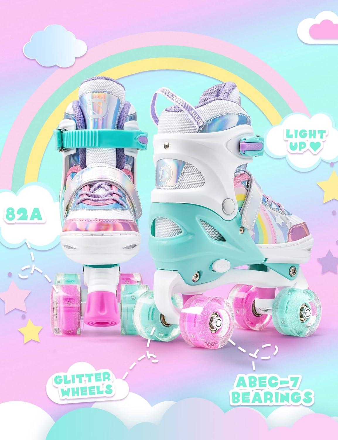 SULIFEEL Rainbow Unicorn 4 Size Adjustable Light up Roller Skates for Girls Boys for Kids