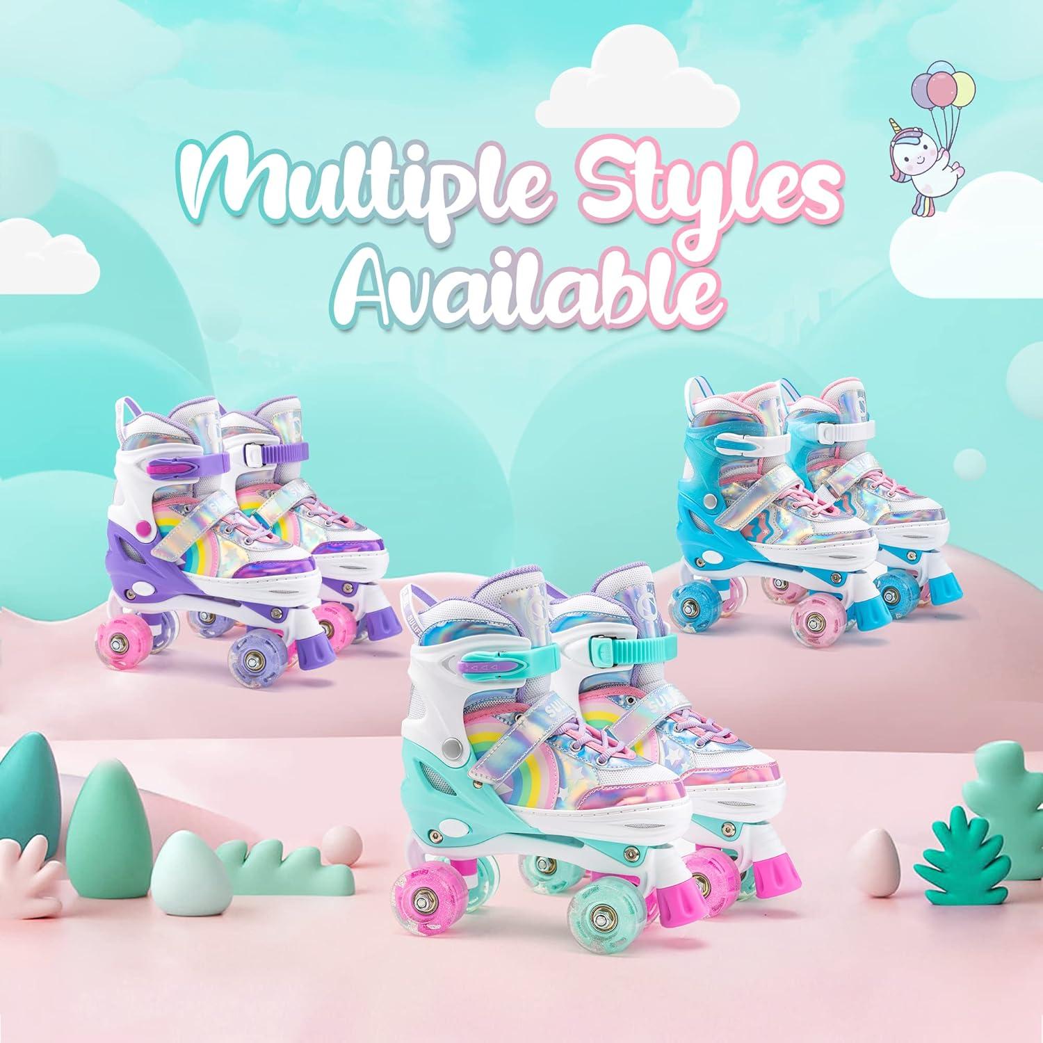 SULIFEEL Rainbow Unicorn 4 Size Adjustable Light up Roller Skates for Girls Boys for Kids