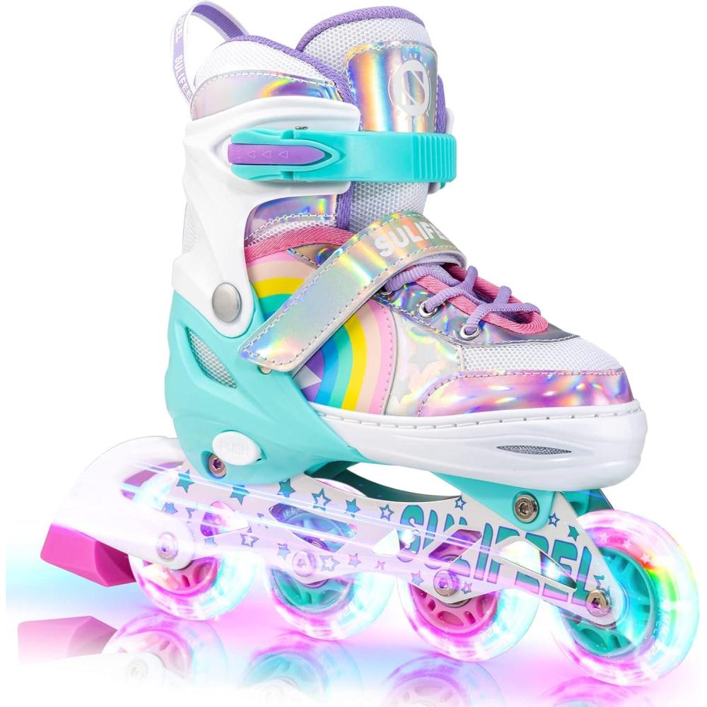 SULIFEEL Rainbow Unicorn Inline Skates for Girls Boys 4 Size Adjustable Light up Wheels Skates for Kids Beginner