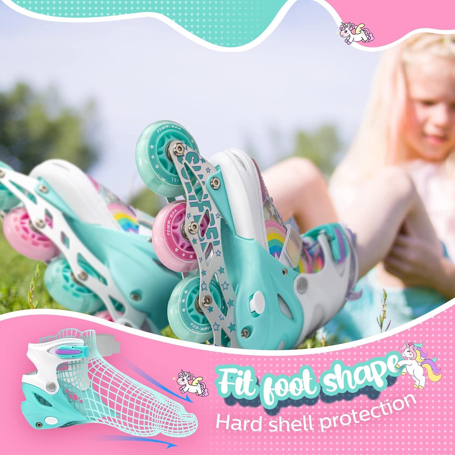 SULIFEEL Rainbow Unicorn Inline Skates for Girls Boys 4 Size Adjustable Light up Wheels Skates for Kids Beginner