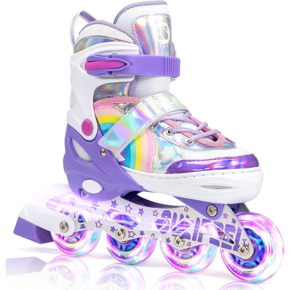 SULIFEEL Rainbow Unicorn Inline Skates for Girls Boys 4 Size Adjustable Light up Wheels Skates for Kids Beginner