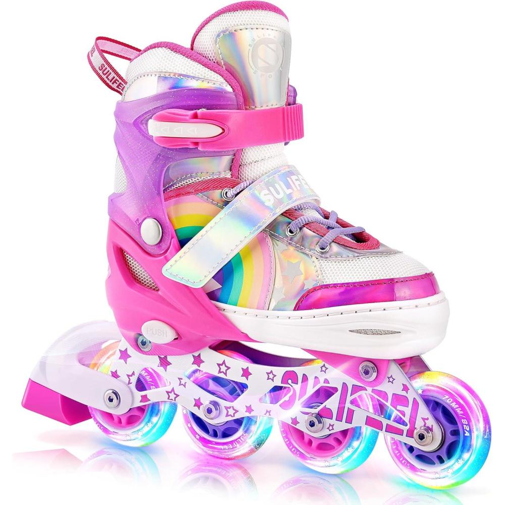SULIFEEL Rainbow Unicorn Inline Skates for Girls Boys 4 Size Adjustable Light up Wheels Skates for Kids Beginner