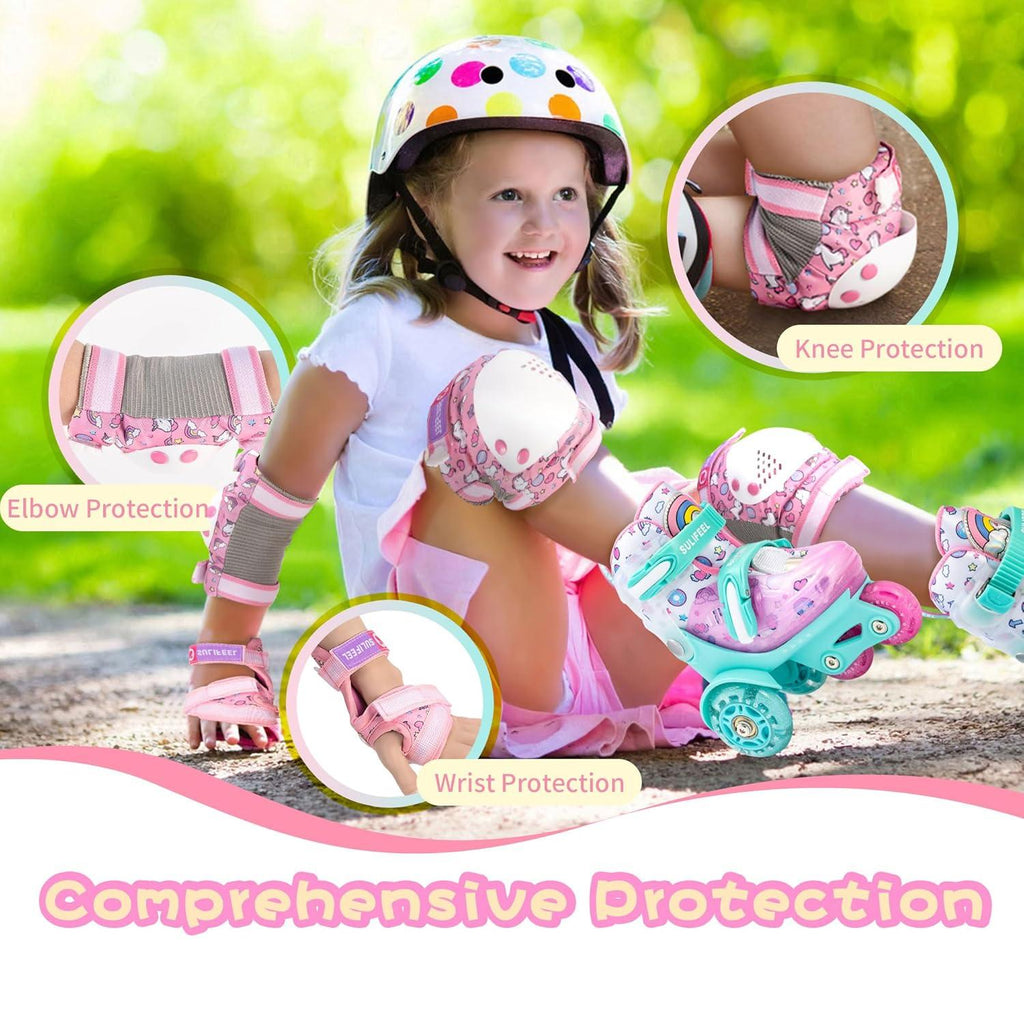 SULIFEEL Rainbow Unicorn Knee Pads for Kids Knee Elbow Pads Wrist Guards with Drawstring Bag Adjustable Protective Gear Set for Girls Roller Skating Bike Cycling Skateboard Scooter Green Small