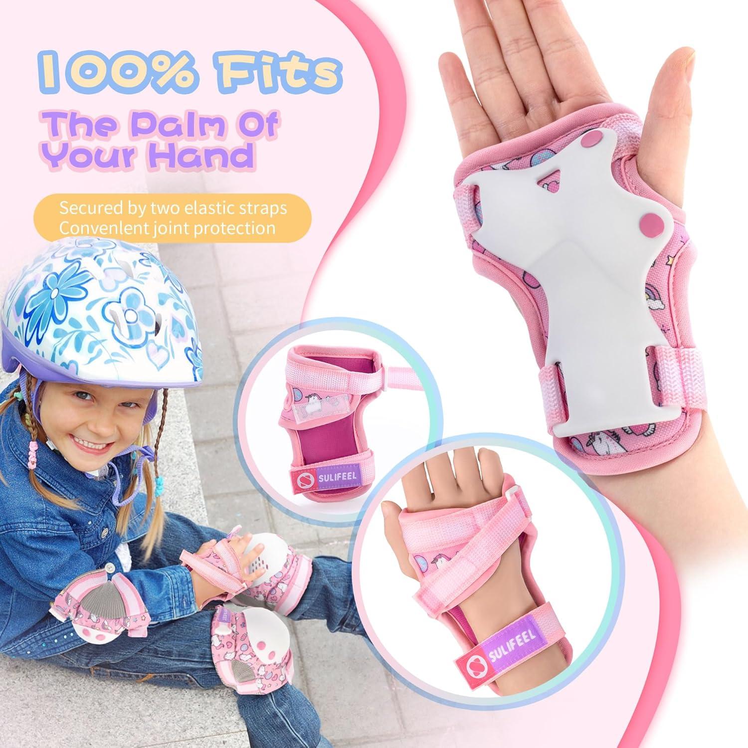 SULIFEEL Rainbow Unicorn Knee Pads for Kids Knee Elbow Pads Wrist Guards with Drawstring Bag Adjustable Protective Gear Set for Girls Roller Skating Bike Cycling Skateboard Scooter Green Small