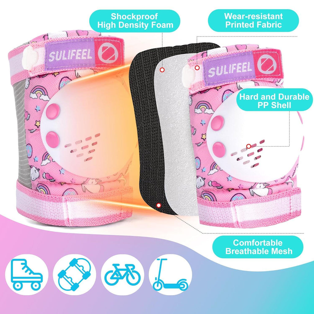 SULIFEEL Rainbow Unicorn Knee Pads for Kids Knee Elbow Pads Wrist Guards with Drawstring Bag Adjustable Protective Gear Set for Girls Roller Skating Bike Cycling Skateboard Scooter Green Small
