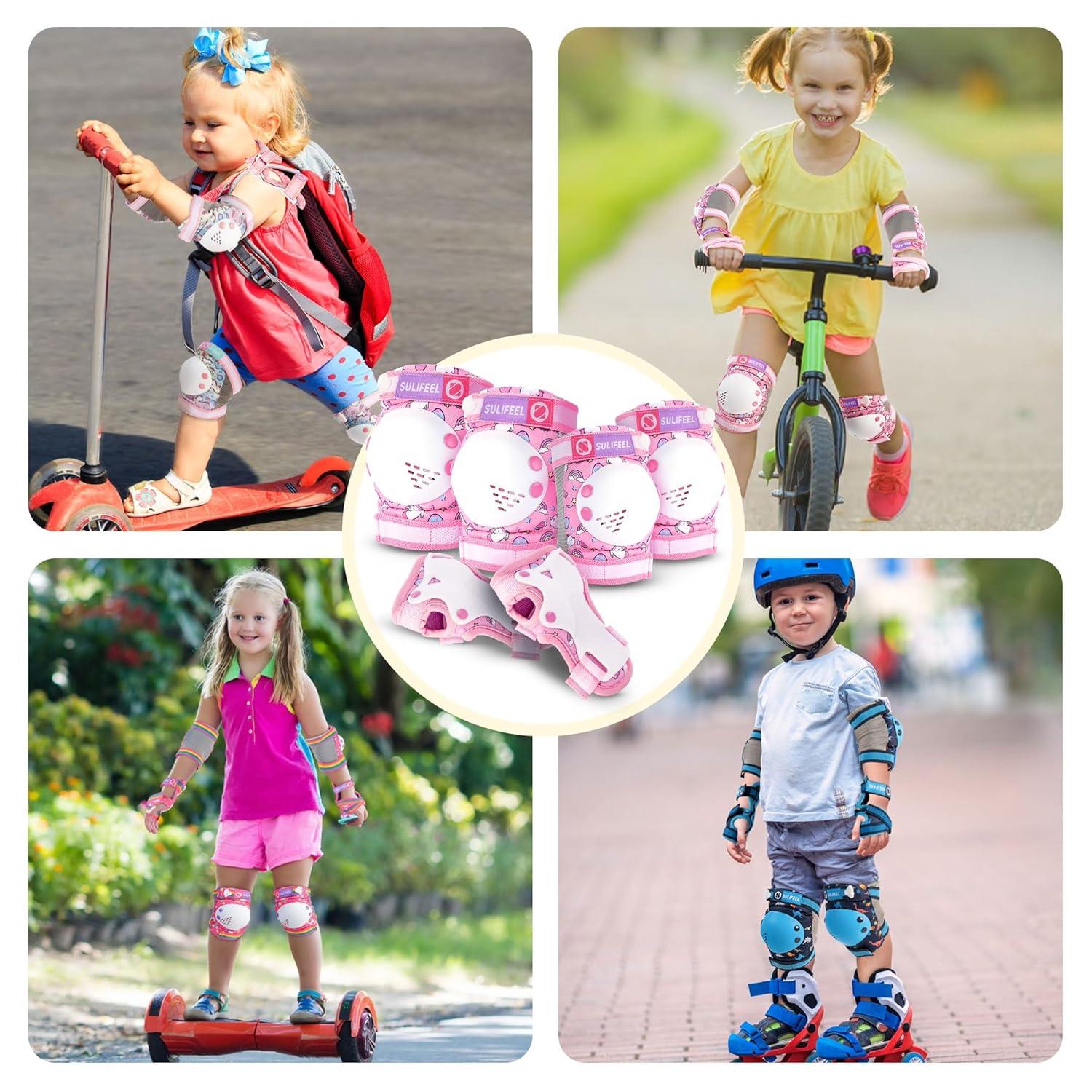 SULIFEEL Rainbow Unicorn Knee Pads for Kids Knee Elbow Pads Wrist Guards with Drawstring Bag Adjustable Protective Gear Set for Girls Roller Skating Bike Cycling Skateboard Scooter Green Small