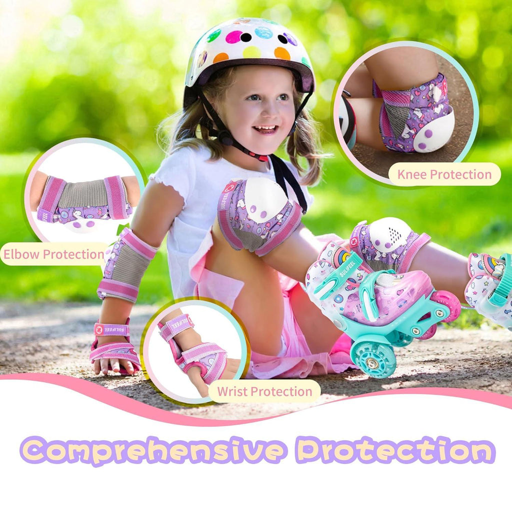 SULIFEEL Rainbow Unicorn Knee Pads for Kids Knee Elbow Pads Wrist Guards with Drawstring Bag Adjustable Protective Gear Set for Girls Roller Skating Bike Cycling Skateboard Scooter Green Small