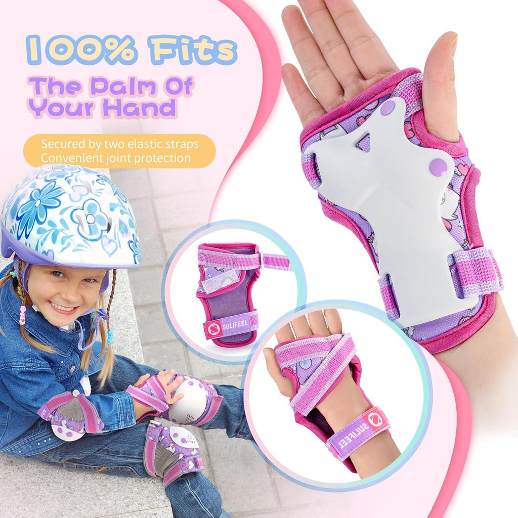 SULIFEEL Rainbow Unicorn Knee Pads for Kids Knee Elbow Pads Wrist Guards with Drawstring Bag Adjustable Protective Gear Set for Girls Roller Skating Bike Cycling Skateboard Scooter Green Small