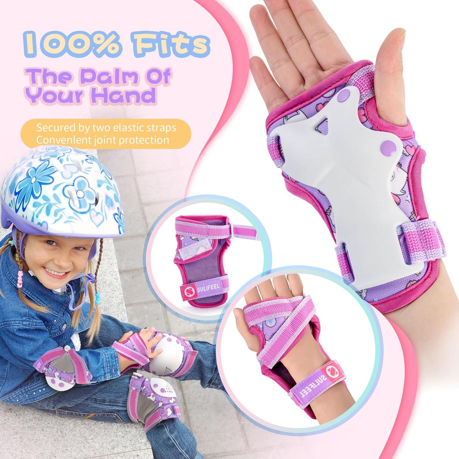 SULIFEEL Rainbow Unicorn Knee Pads for Kids Knee Elbow Pads Wrist Guards with Drawstring Bag Adjustable Protective Gear Set for Girls Roller Skating Bike Cycling Skateboard Scooter Green Small