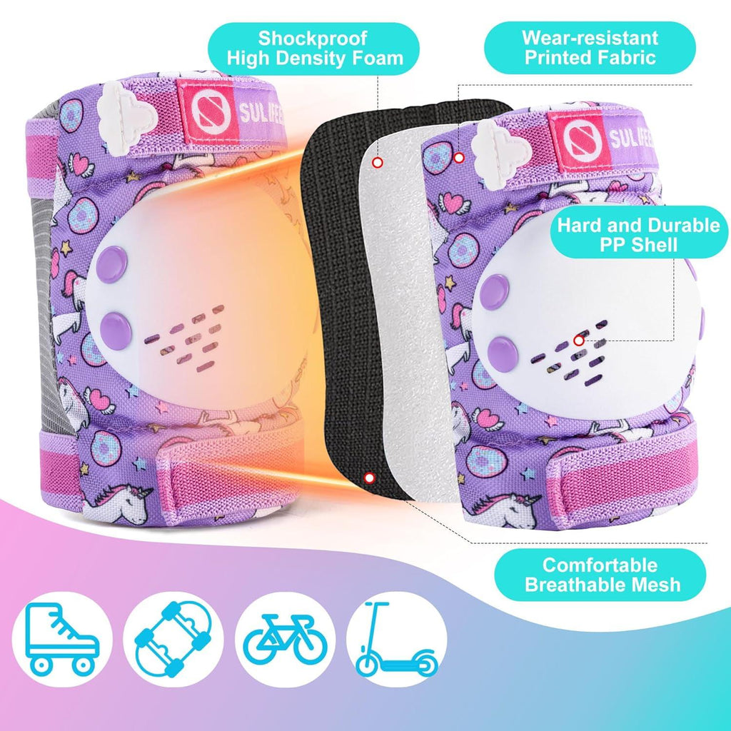 SULIFEEL Rainbow Unicorn Knee Pads for Kids Knee Elbow Pads Wrist Guards with Drawstring Bag Adjustable Protective Gear Set for Girls Roller Skating Bike Cycling Skateboard Scooter Green Small