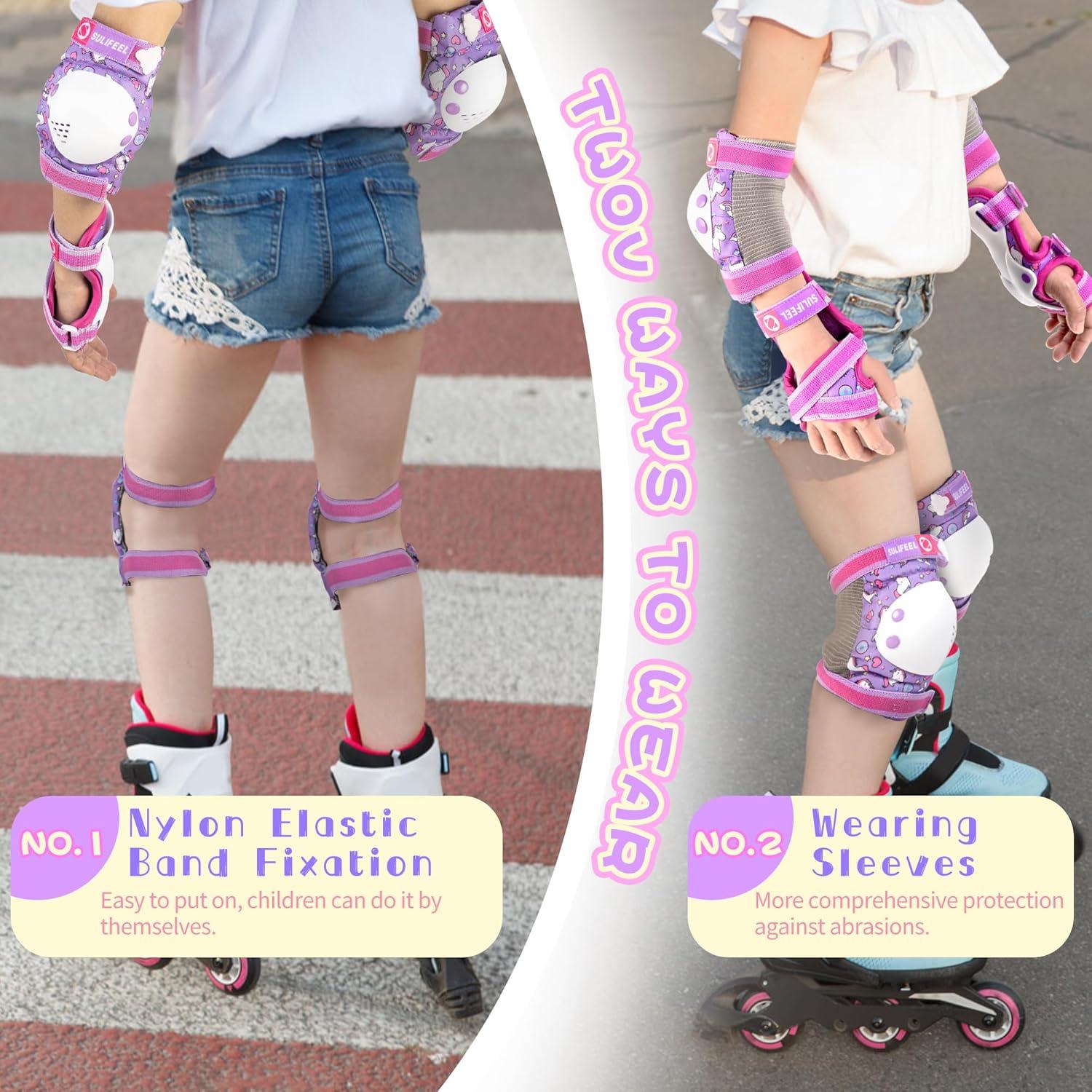 SULIFEEL Rainbow Unicorn Knee Pads for Kids Knee Elbow Pads Wrist Guards with Drawstring Bag Adjustable Protective Gear Set for Girls Roller Skating Bike Cycling Skateboard Scooter Green Small